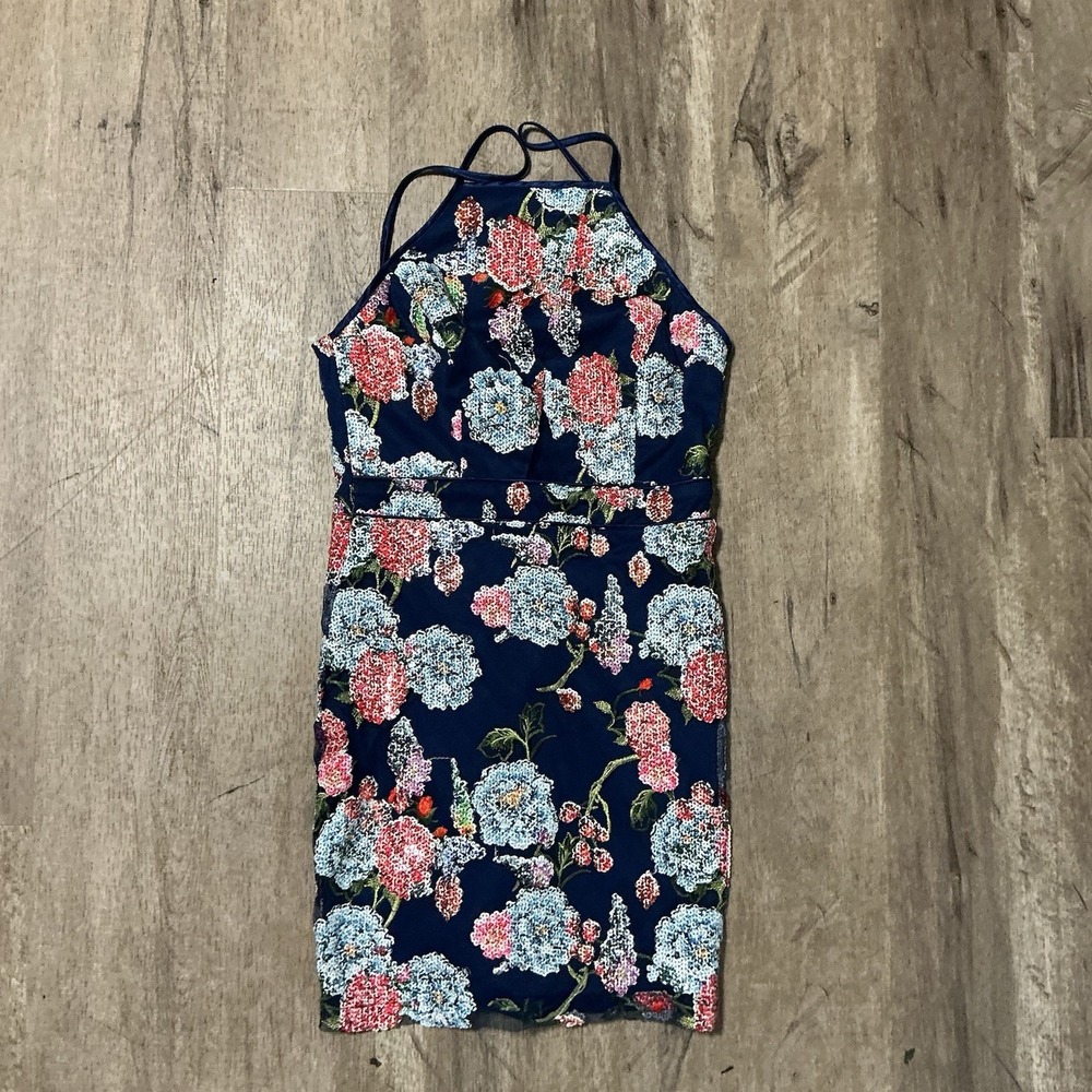 Teeze Me Navy Blue Floral Halter Midi Dress Tie Back LNWOT Size 9